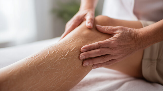 Close up of therapist massaging patient knee during physiotherapy session, representing rehabilitation, healthcare, pain relief, wellness, and physical recovery.