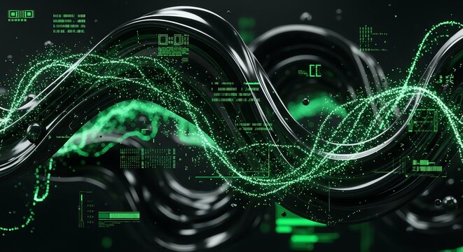 Futuristic Digital Data Stream with Green and Black Visual Effects.