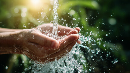 Fototapeta premium Hands catching clear flowing water in a natural stream, symbolizing freshness, purity, hydration, sustainability, wellness, and environmental harmony.