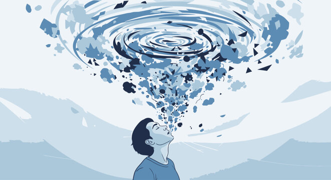 Overwhelmed woman with swirling thoughts and water pouring out of head