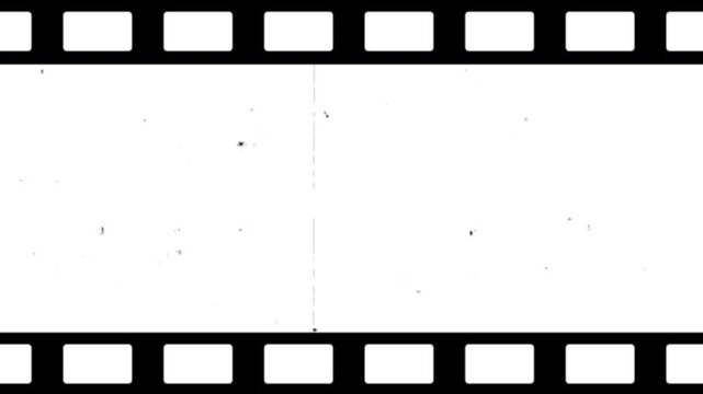 A looped animation of a blank vintage film strip features black sprocket holes along its borders, while simulated dust, scratches, and a vertical line create a classic, nostalgic retro cinematic vibe