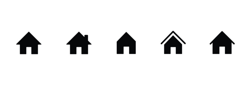 Minimalist house icon set, black home silhouette symbols, collection of 5 simple building vector graphics for web navigation and real estate apps