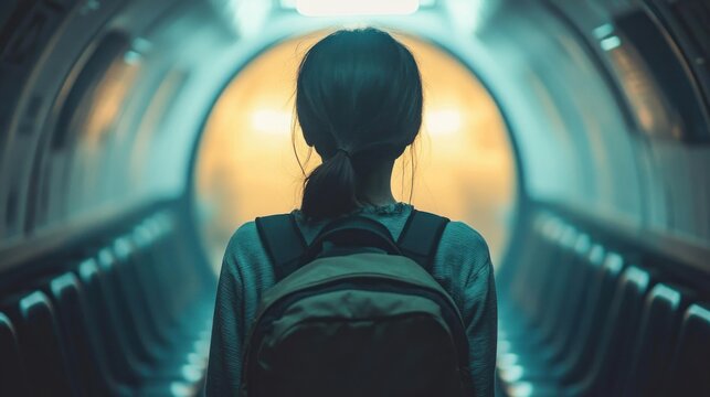 solitary passenger with backpack standing in empty subway carriage, warm glowing light ahead, contemplative and hopeful mood