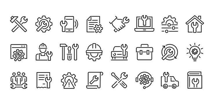 Technical support line icons set, 24 maintenance and repair service vector symbols, industrial engineering and hardware tool outline icons for web design