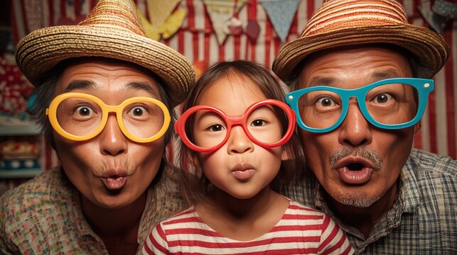 Three Relatives Posing With Straw Hats And Oversized Glasses, Puckered Lips And Exaggerated Expressions, Striped Backdrop, Retro Props And Festive Mood Capturing Playful Multigenerational Bond