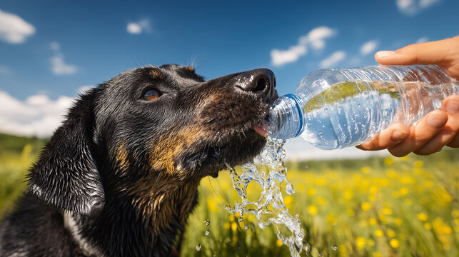 Thirsty dog drinking water from plastic bottle held by human hand outdoors, showing care and hydration