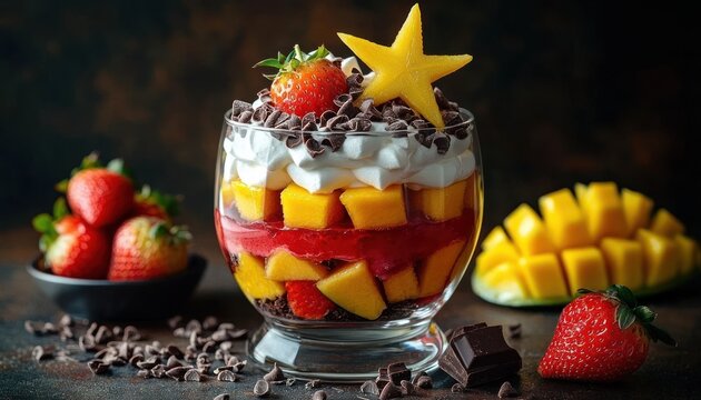 colorful layered fruit and chocolate parfait in a glass with mango cubes, strawberry puree, whipped cream, chocolate chips and star-shaped fruit, bright and indulgent