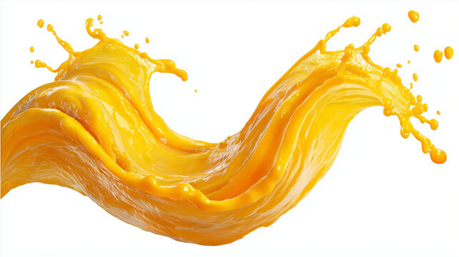 Dynamic orange juice splash on white background, representing freshness, citrus drink, energy, motion, and summer refreshment.
