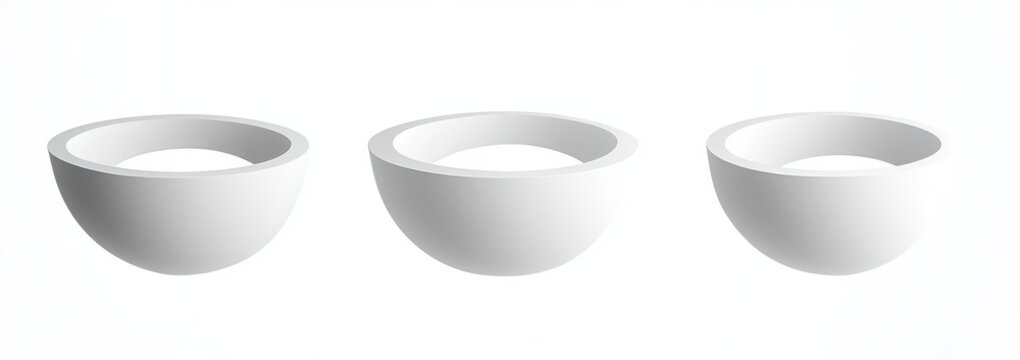 Three minimalist white half-sphere bowls with wide rims floating on a white background, calm and serene modern composition