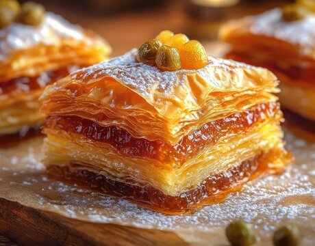 Close-up of golden layered filo pastries soaked in syrup, dusted with powdered sugar and topped with pistachios, evoking a decadent mouthwatering indulgence