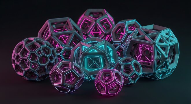 Futuristic Geometric Shapes with Neon Lighting in a Dark Environment.