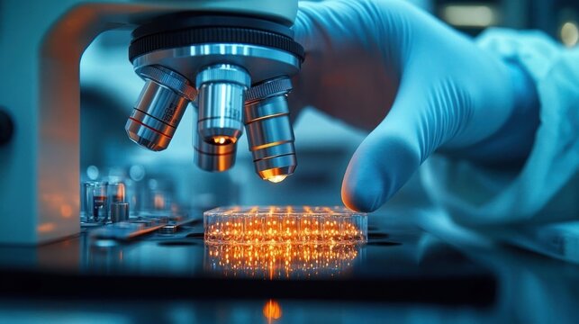 Close-up of gloved hand adjusting a glowing orange multiwell culture plate beneath microscope objectives, cool blue lab lighting conveying focused scientific concentration