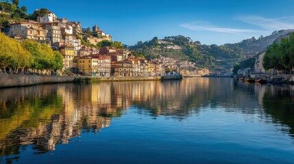 Fototapeta premium Porto Riverside Serenity Colorful Old Town Douro River Reflections.
