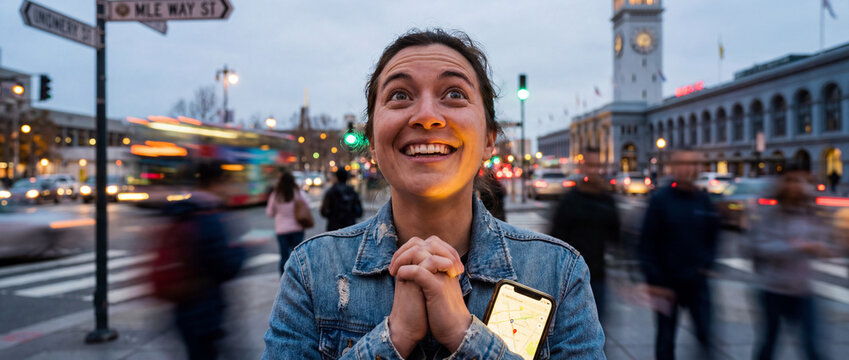 feeling excitement awareness openart.ai concept. Smiling woman standing at a busy urban intersection during dusk with blurred motion of passing pedestrians and vehicles.