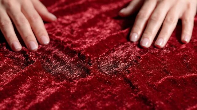 Close-up of hands on red velvet fabric.