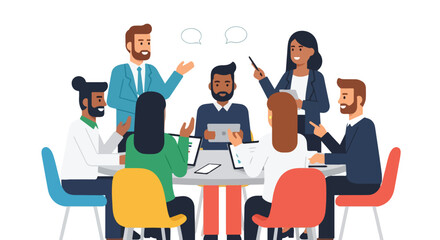 Naklejka premium A diverse group of professionals collaborates and communicates effectively around a round table in a modern, flat-style vector business setting.