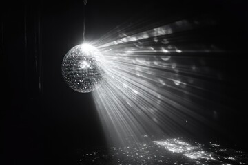 solitary mirrored disco ball hanging in a dark room casting radiant beams and scattered reflections across the floor and wall, evoking a nostalgic, moody, mysterious atmosphere