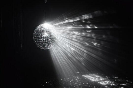 solitary mirrored disco ball hanging in a dark room casting radiant beams and scattered reflections across the floor and wall, evoking a nostalgic, moody, mysterious atmosphere