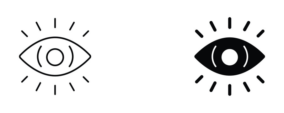 Minimalist eye icon set with line and solid versions, human vision symbols for interface design, black optical eyeball vector graphics on white background