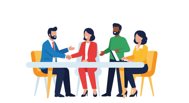 Four diverse business professionals engage in a meeting around a white table, with two individuals shaking hands to finalize a successful deal.