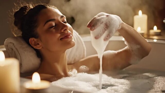 Serene woman relaxing in a bubble bath with candles, pouring bath oil with a peaceful expression in a warm, cozy bathroom setting.