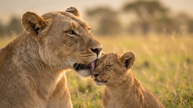 Lion with Cub Emotional Family Interaction in Nature