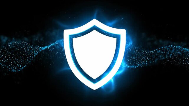 A blue shield with white outline on a dark background with blue lights