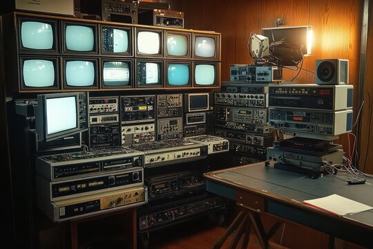 Nostalgic vintage video control room with stacked crt monitors, racks of tape decks and audio gear, reel projector, wood-paneled walls, cluttered desk and warm moody lighting