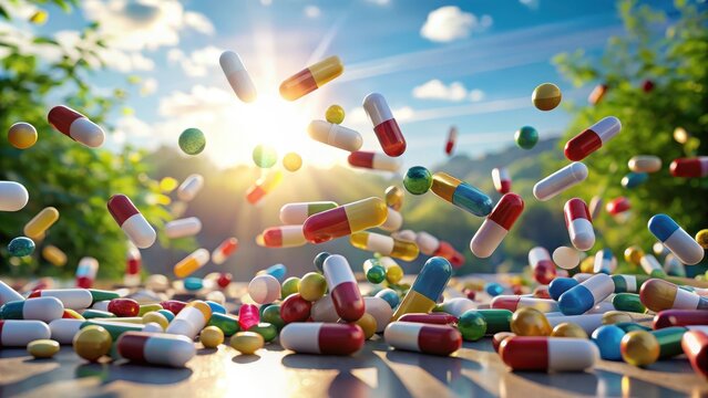 A realistic photo of pills and capsules falling on white background
