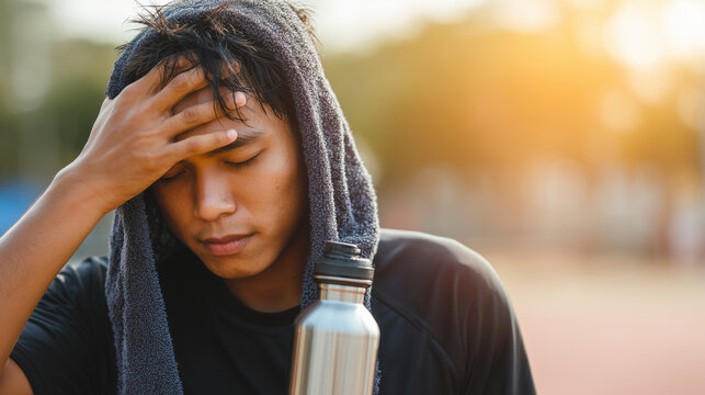 Young man with towel and water bottle suffering from heat exhaustion, dehydration, fatigue, and summer illness.