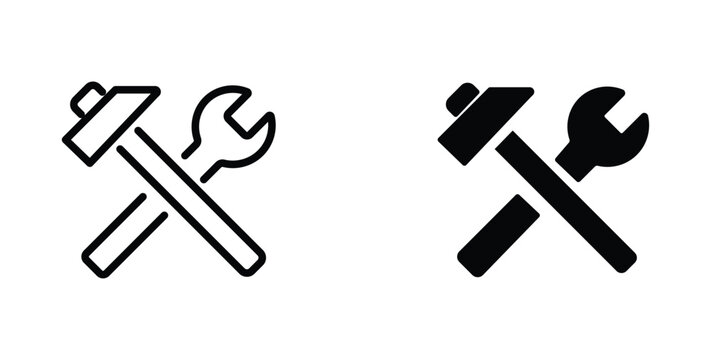 Minimalist hammer and wrench icon set, crossed hardware tools vector, black outline and solid silhouette repair symbols for construction and maintenance