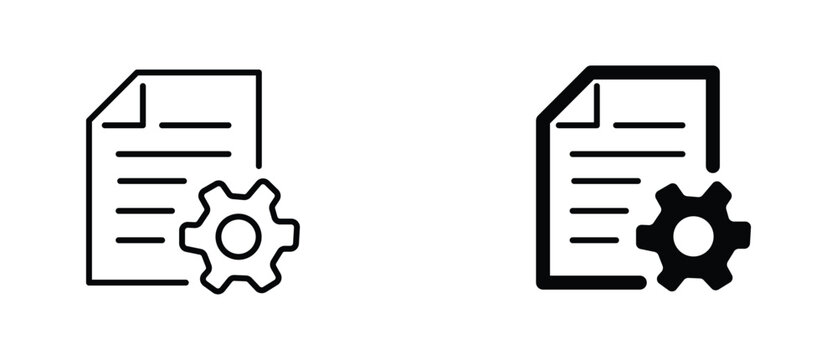 Minimalist document settings icons, black outline and solid file with gear symbols, technical documentation and data processing vector set