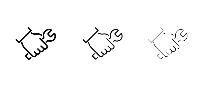 Minimalist hand holding wrench icon set, black line art repair tool symbols, industrial maintenance and technical support vector graphics