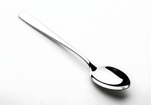 Reflective metallic utensil for dining, serving, or stirring beverages showcases a polished surface with an oval-shaped bowl and a slender handle, a quintessential piece of tableware