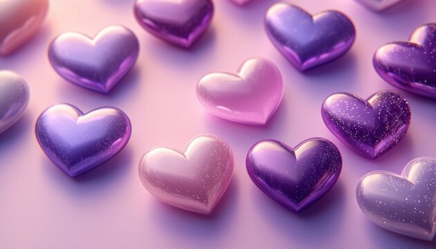 array of glossy pink and purple heart shapes with sparkles on a soft pastel background conveying a romantic, playful, cheerful mood