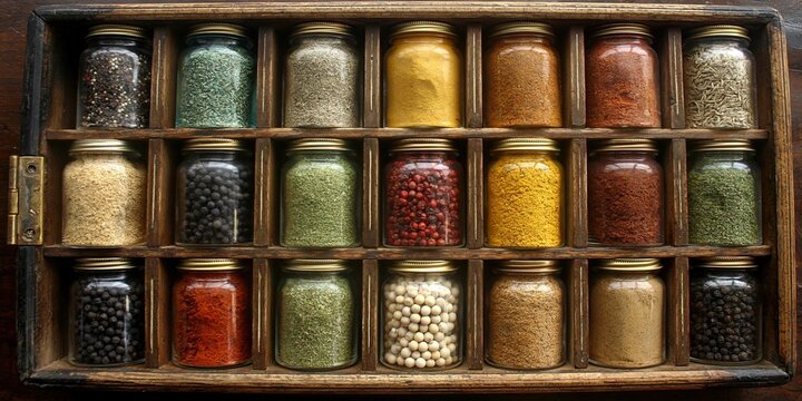 spice rack - jars of colorful and flavorful spices on shelving