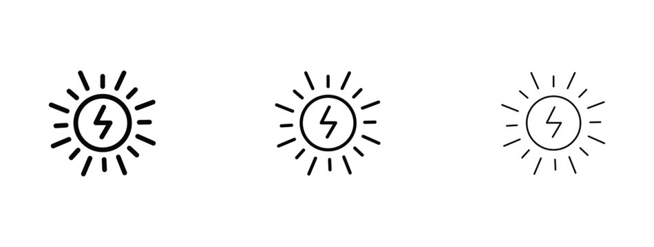 Solar energy icon set with lightning bolt, renewable sun power symbols in thin and bold line styles, clean eco electricity vector graphics