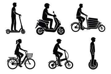 Obraz premium Urban Micro-Mobility Silhouette Vector Set, Electric Scooter E-bike and Cargo Bike Icons, Minimalist Black and White City Commuter Illustrations on Transparent Background