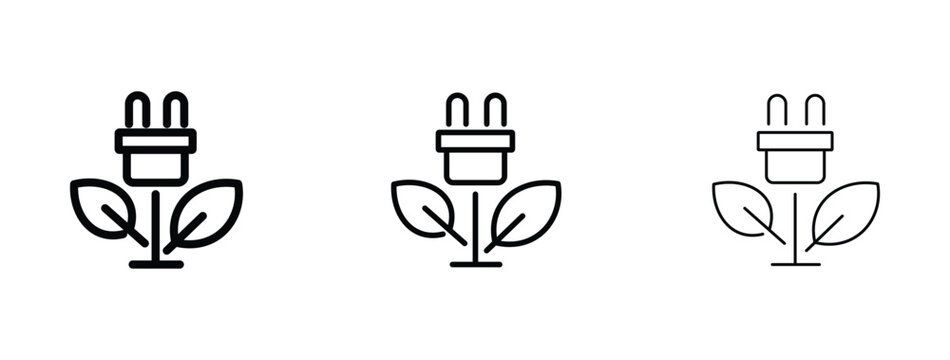 Green energy icon set with electric plug and leaves, sustainable power vector symbols, eco friendly electricity concept in three line weights