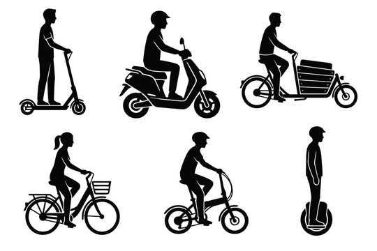 Urban Micro-Mobility Silhouette Vector Set, Electric Scooter E-bike and Cargo Bike Icons, Minimalist Black and White City Commuter Illustrations on Transparent Background