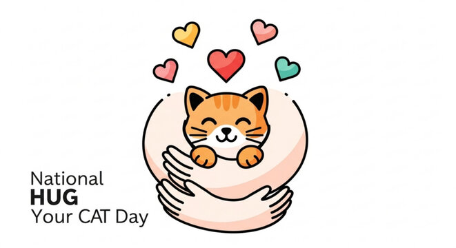 Cute kitten being hugged in heartwarming illustration with colorful hearts floating above celebrating national hug your cat day with joyful vibes