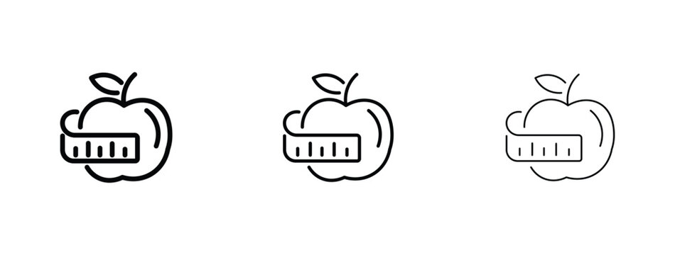 Minimalist apple with measuring tape icons, healthy diet and weight loss concept vector, thin line fruit nutrition symbols for fitness apps