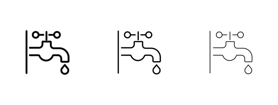 Minimalist water tap icon set with dripping droplet, black line art faucet symbols in three stroke weights, plumbing and utility vector graphics