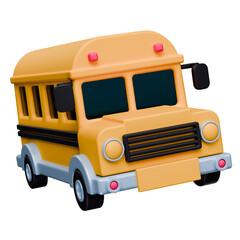 Front-facing school bus in a playful 3D illustration style. This 3D icon emphasizes character-like proportions and bright colors. © Afghani