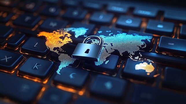 metal padlock on a glowing global map overlayed on a dark computer keyboard with blue and orange continents, dramatic lighting conveying digital security and protection