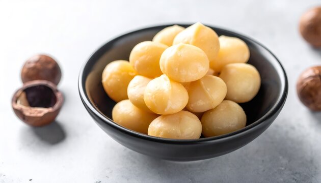 Macadamia nuts in black bowl, healthy keto snack