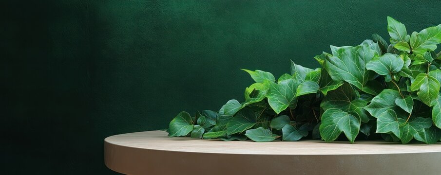 lush green ivy trailing across a round wooden tabletop against a dark green textured wall, calm and fresh still life