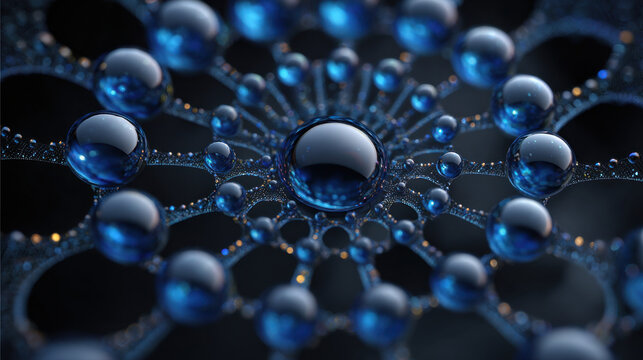Abstract blue sphere network dark background glowing digital mesh connected ball pattern futuristic data concept macro view depth of field luminous blue orb black backdrop 3d render