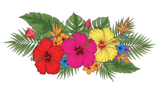 A colorful arrangement of tropical flowers and leaves