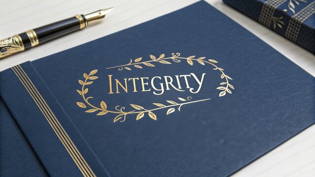 Elegant blue notebook with the word integrity embossed in gold surrounded by decorative leaves and a fountain pen on a stylish desk